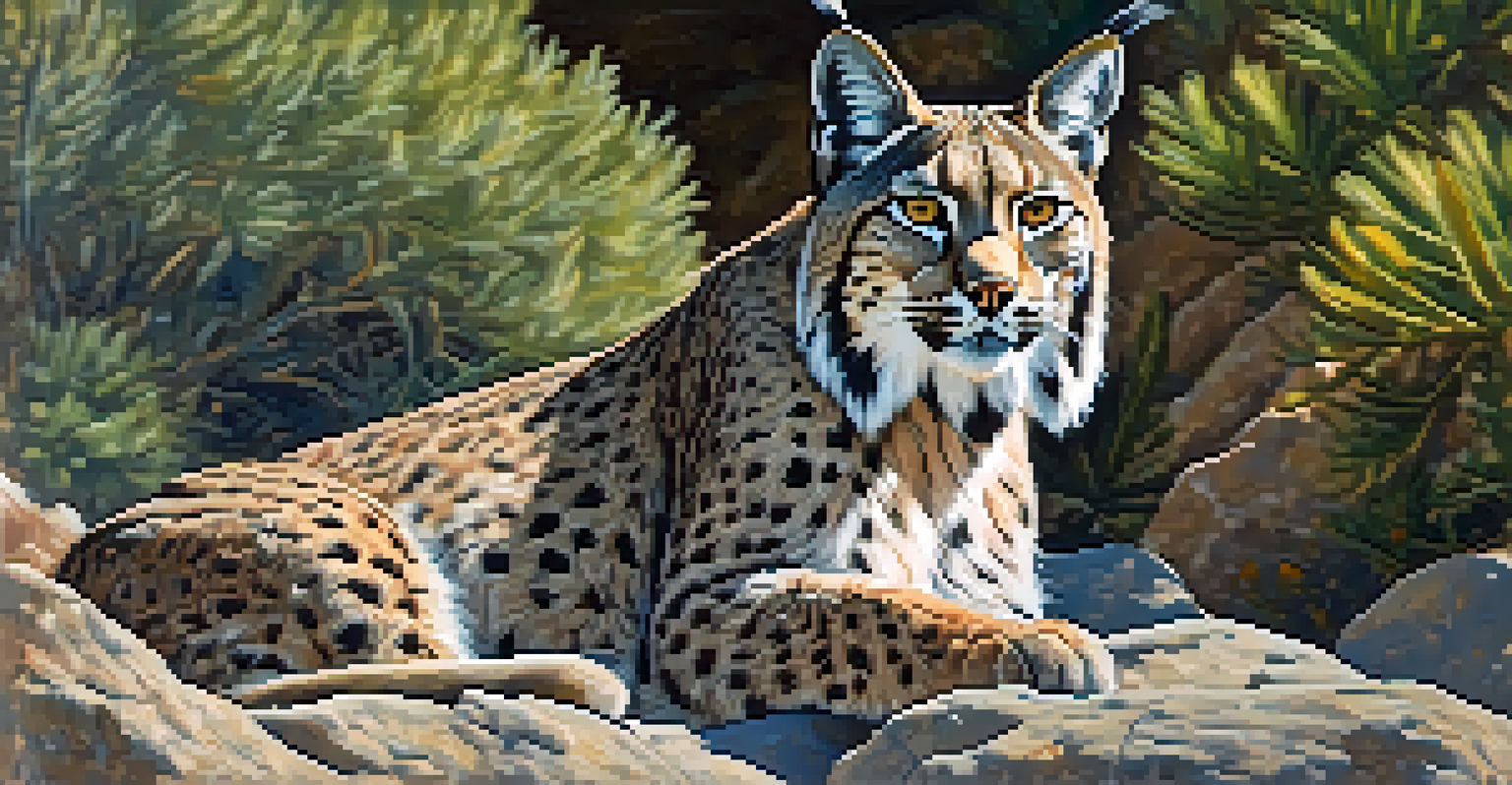 A close-up of an Iberian lynx on a rocky outcrop, surrounded by greenery and dappled sunlight.