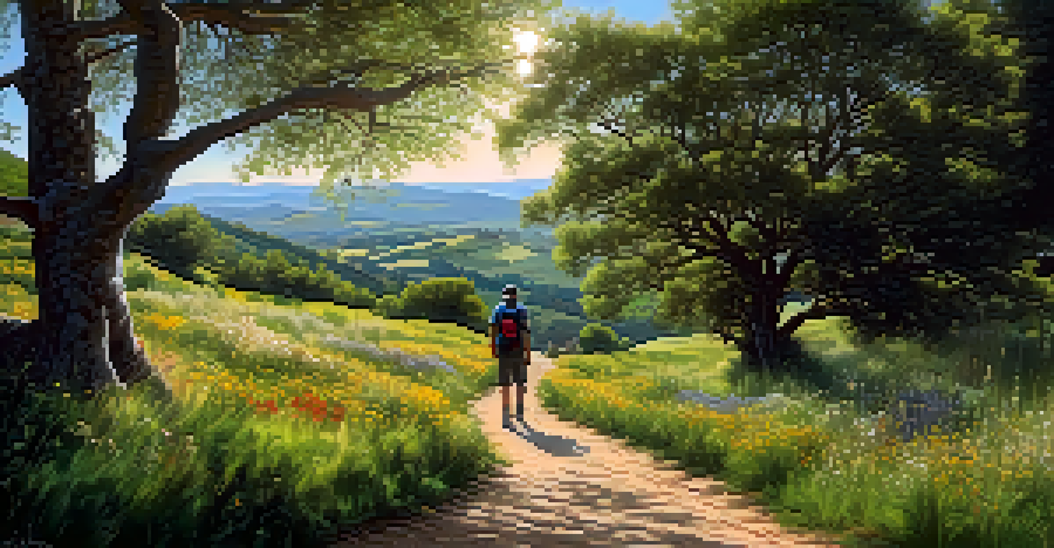 A scenic view of the Camino de Santiago trail with wildflowers and a lone pilgrim walking.