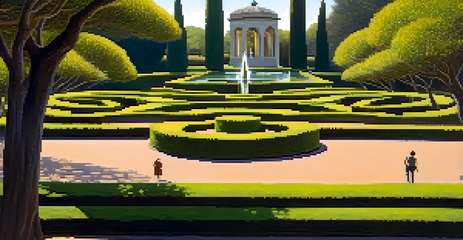 A historic maze surrounded by flowers and ponds, with a couple enjoying a stroll in a tranquil park.