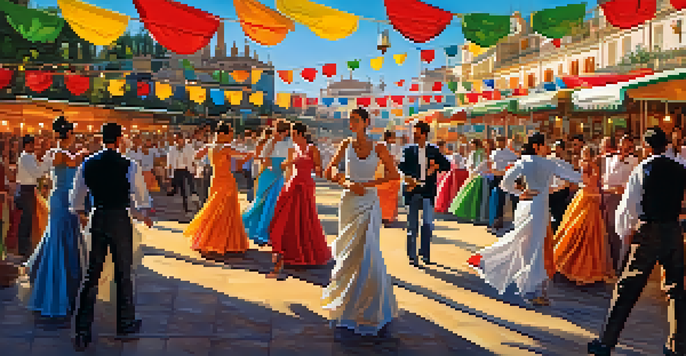 A lively festival scene in Seville with colorful tents, people dancing flamenco, and traditional Spanish food and drinks.