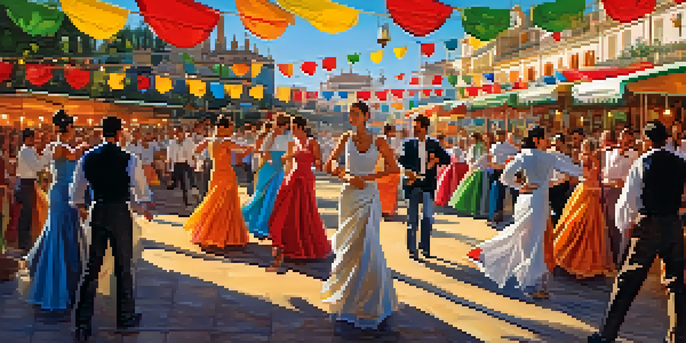 A lively festival scene in Seville with colorful tents, people dancing flamenco, and traditional Spanish food and drinks.