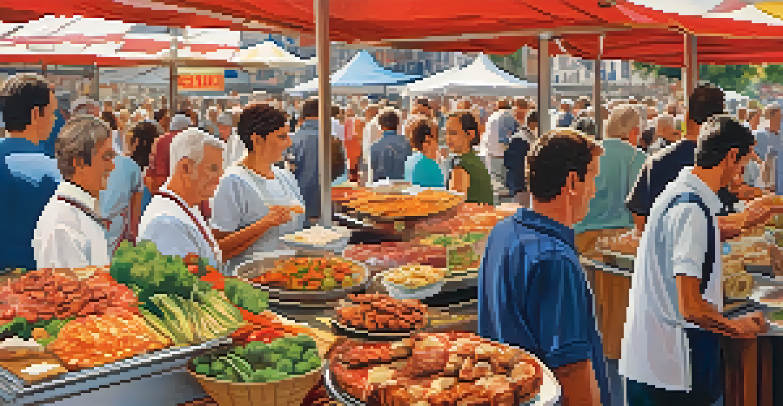 A food stall at the San Sebastian Day festival displaying various pintxos, with people enjoying local delicacies and a festive atmosphere.