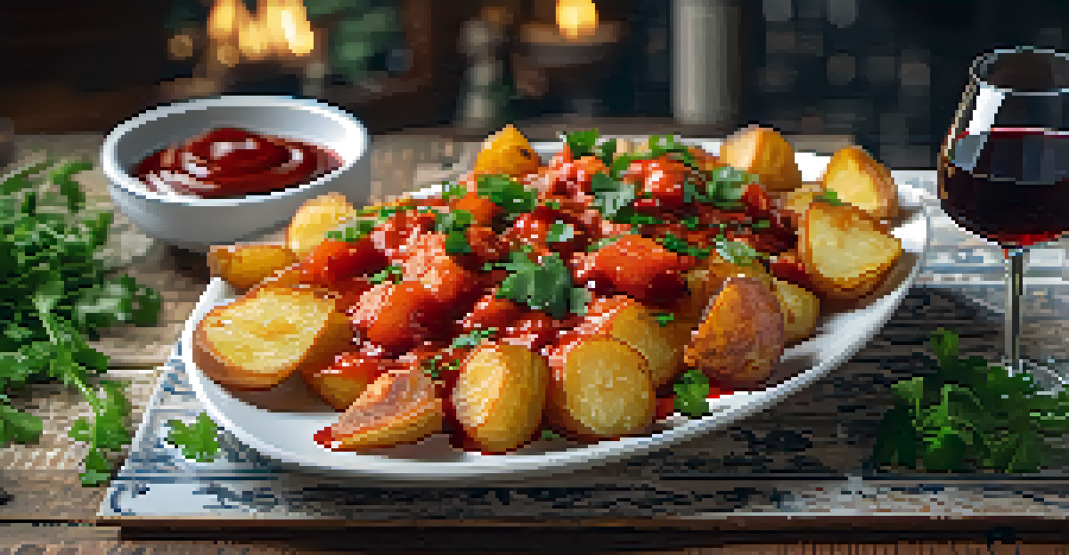 A close-up of a dish of patatas bravas, showcasing crispy potatoes with tomato sauce and aioli, set on a rustic wooden table.