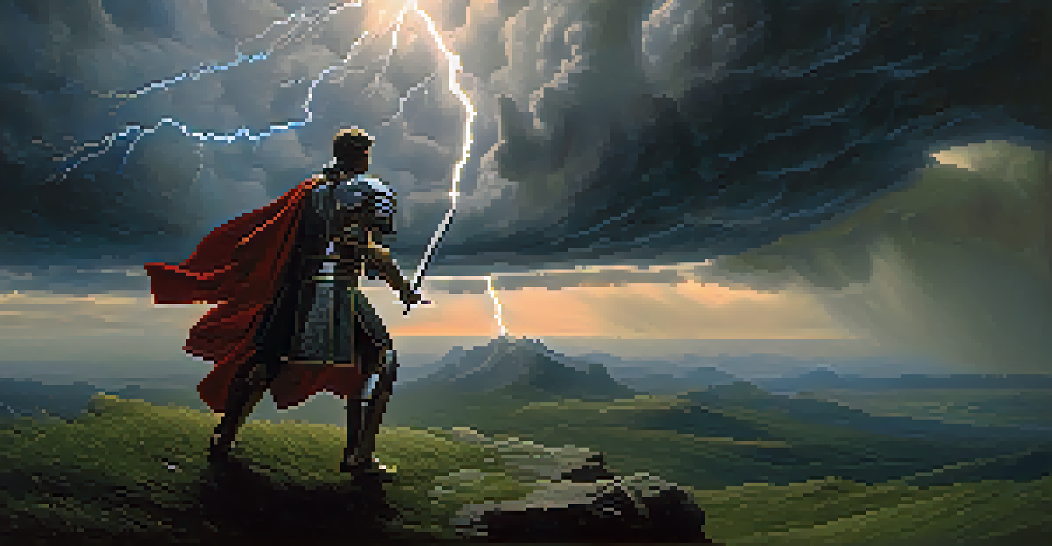 A heroic figure facing a towering Cíclope in a stormy landscape, with dramatic lighting and tension.