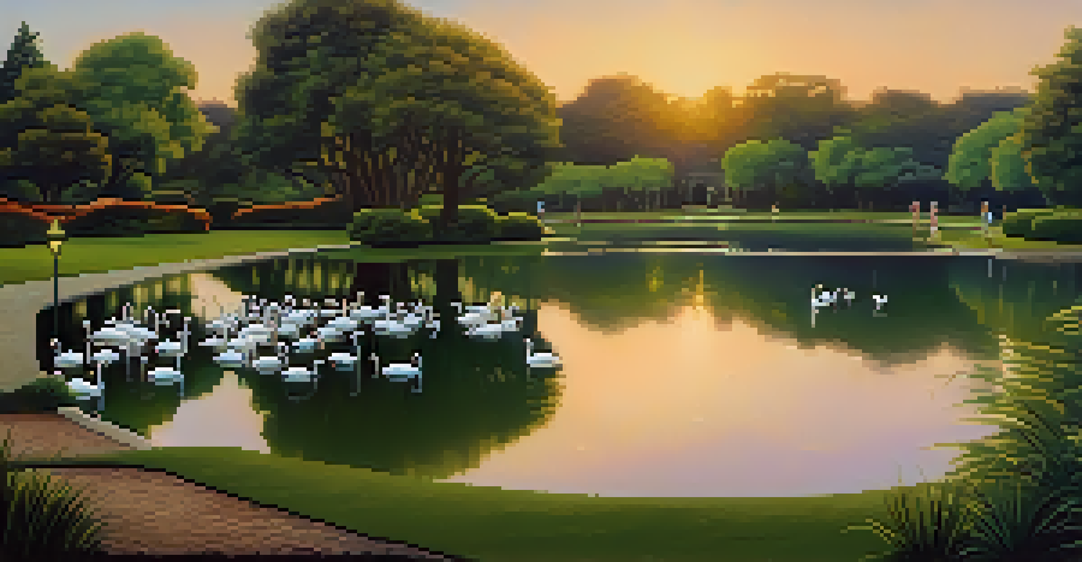 A calm lake view in Parque de la Buhaira with swans and lush greenery under soft sunset light.