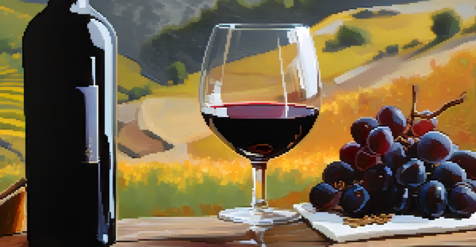 A glass of red Priorat wine on a wooden table with a bottle of wine and grilled meats in the background.
