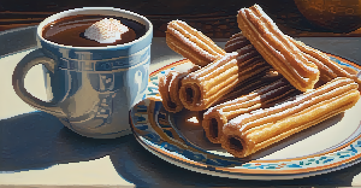 Freshly made churros dusted with sugar next to a cup of hot chocolate, displayed on a colorful ceramic plate.