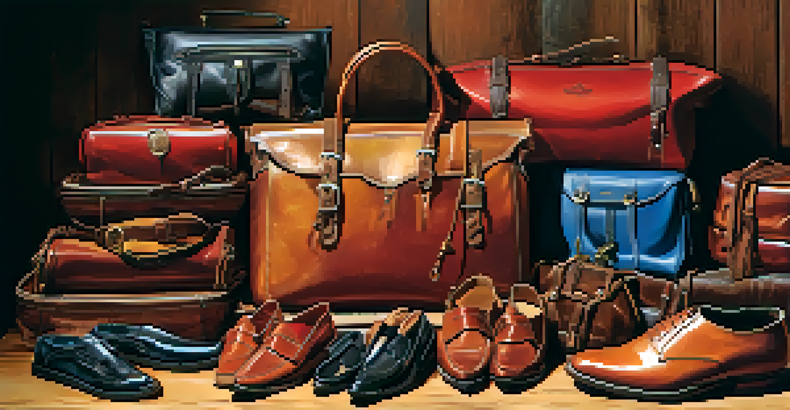 A collection of colorful Spanish leather goods displayed on a wooden table, showcasing the variety and craftsmanship of the items.