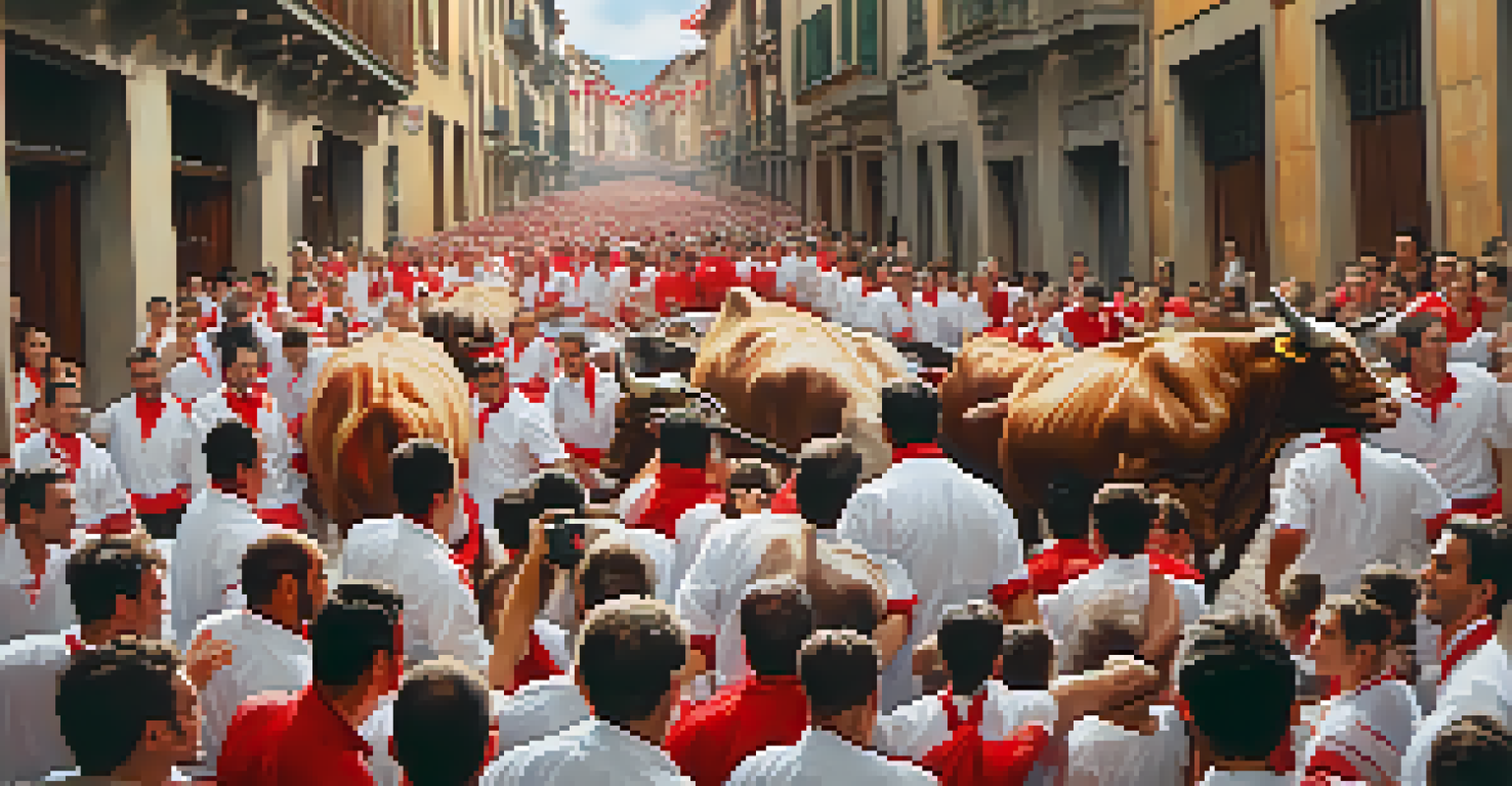 A thrilling scene of the Running of the Bulls, with runners and bulls racing through the streets of Pamplona, surrounded by enthusiastic spectators.