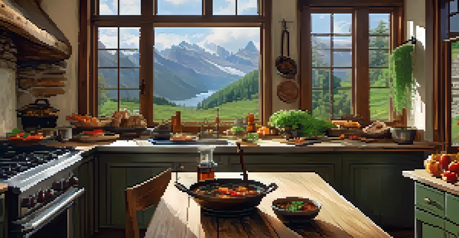 A rustic kitchen in a mountain retreat with fresh ingredients and a pot of stew, overlooking stunning mountain views.