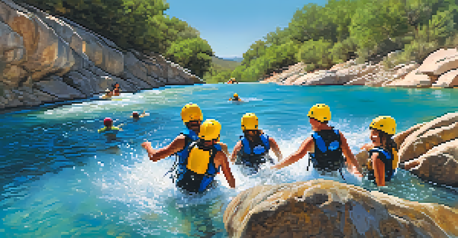 A family enjoying canyoning by sliding down a natural water chute into a pool, surrounded by rocks and trees.