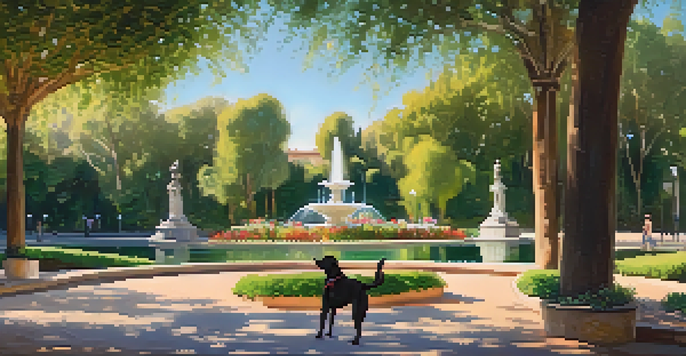 A tranquil park scene with a dog playing in the grass surrounded by greenery and flowers, with sunlight filtering through the trees.
