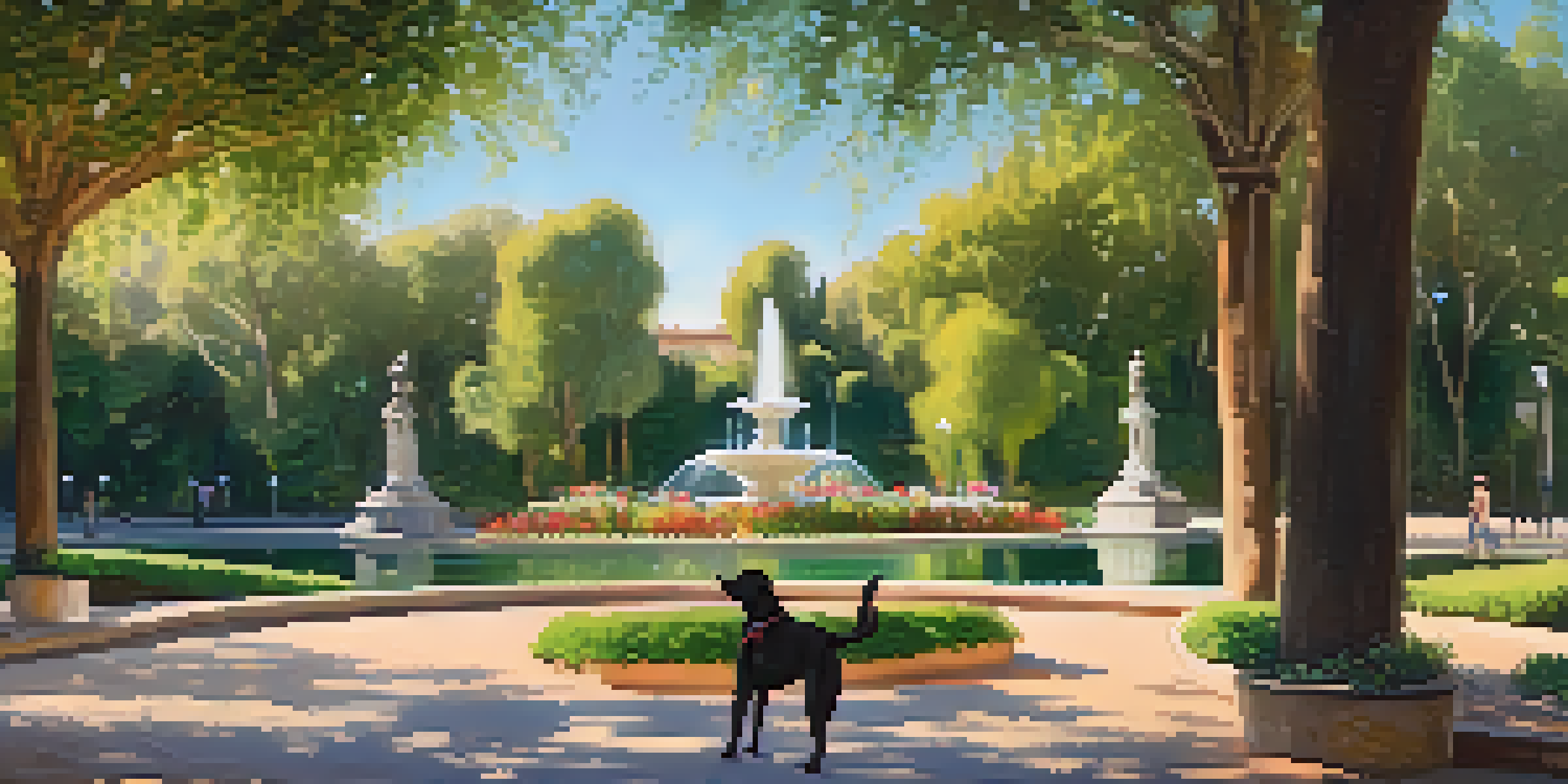 A tranquil park scene with a dog playing in the grass surrounded by greenery and flowers, with sunlight filtering through the trees.