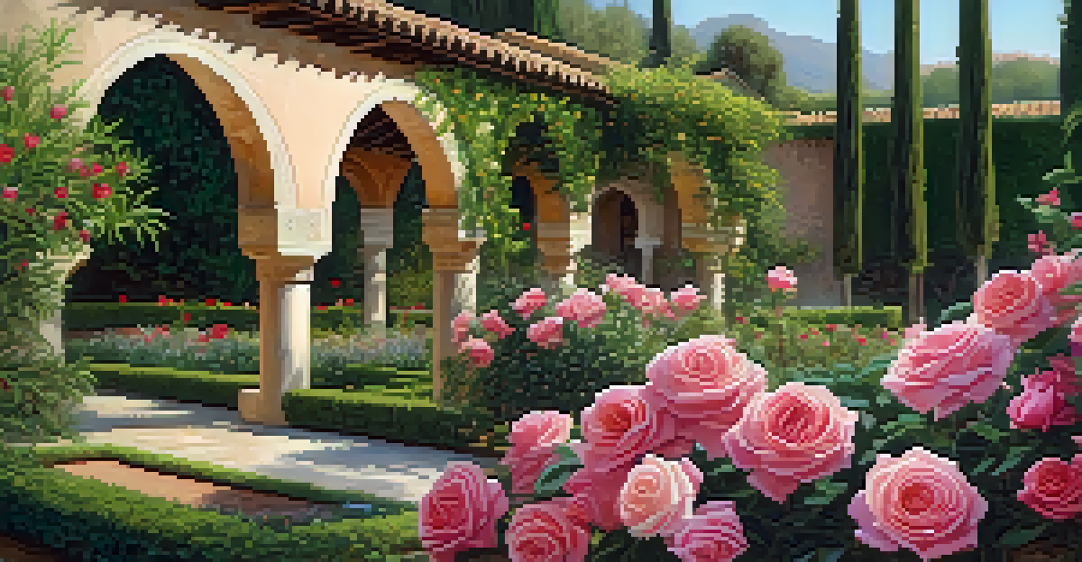 A close-up view of colorful flowers in the Generalife Gardens, featuring roses and jasmine, with butterflies amidst olive trees.