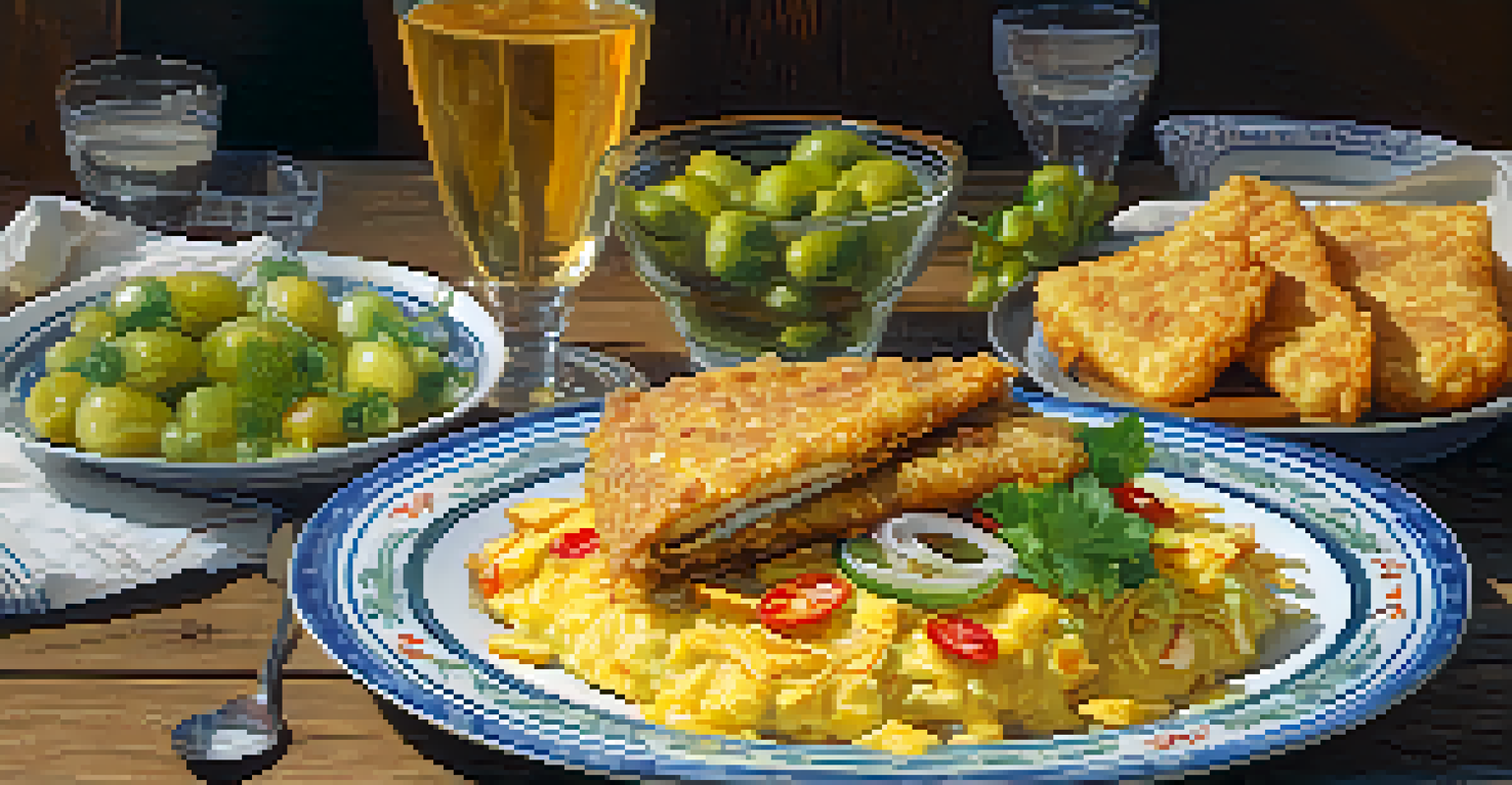 A close-up of traditional Andalusian dishes on a table, with festive decorations and people celebrating in the background.