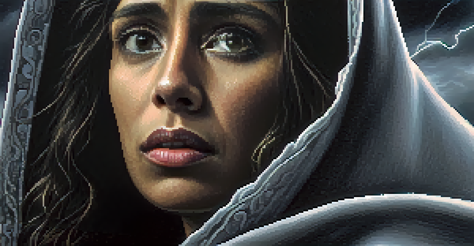 Close-up of a woman's face with tears, expressing deep sorrow, set against dark stormy clouds and flashes of lightning.