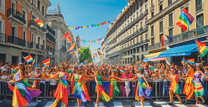 A lively Madrid Pride Parade with participants in colorful costumes celebrating with rainbow flags and historic buildings in the background.