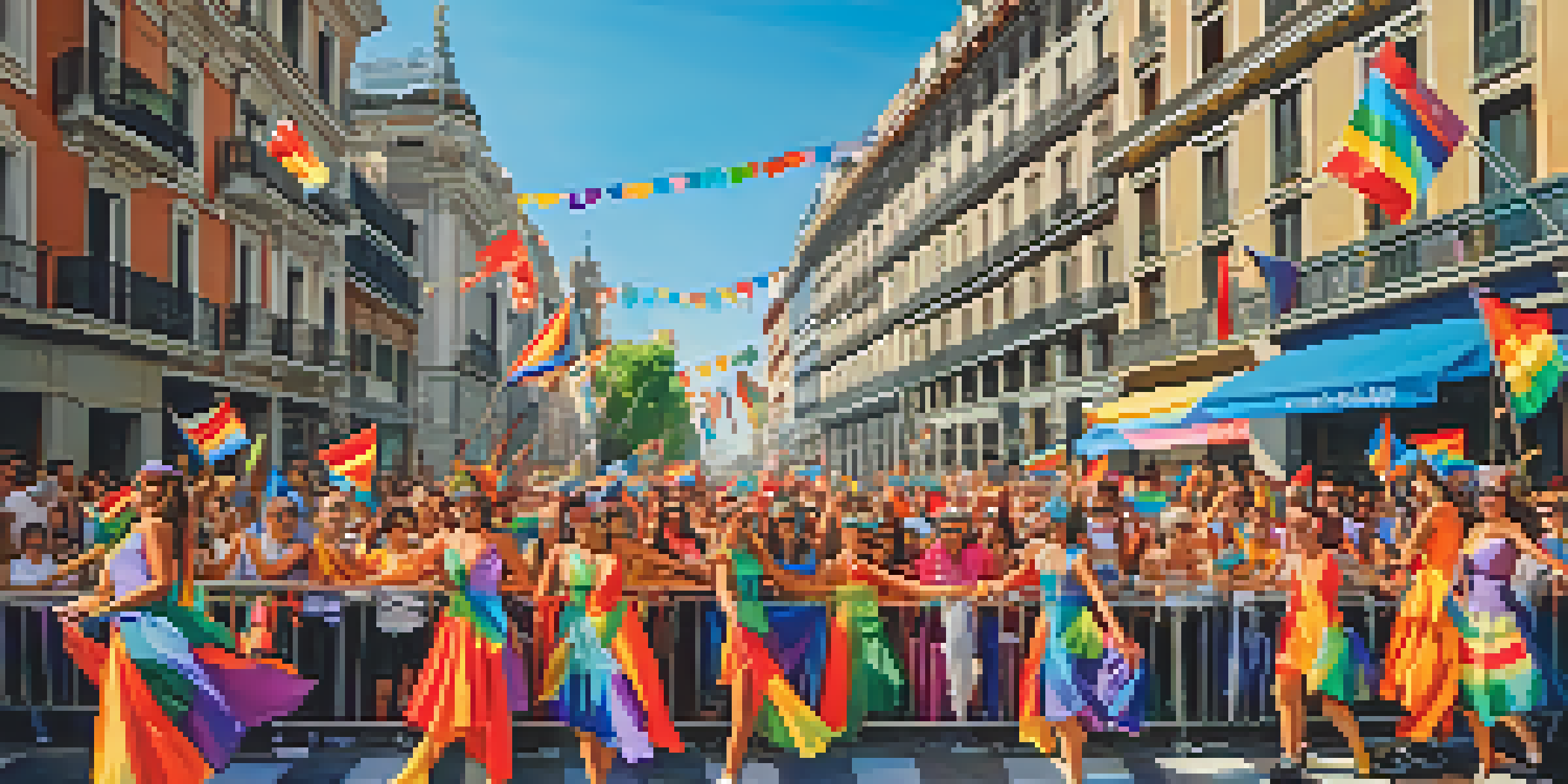 A lively Madrid Pride Parade with participants in colorful costumes celebrating with rainbow flags and historic buildings in the background.