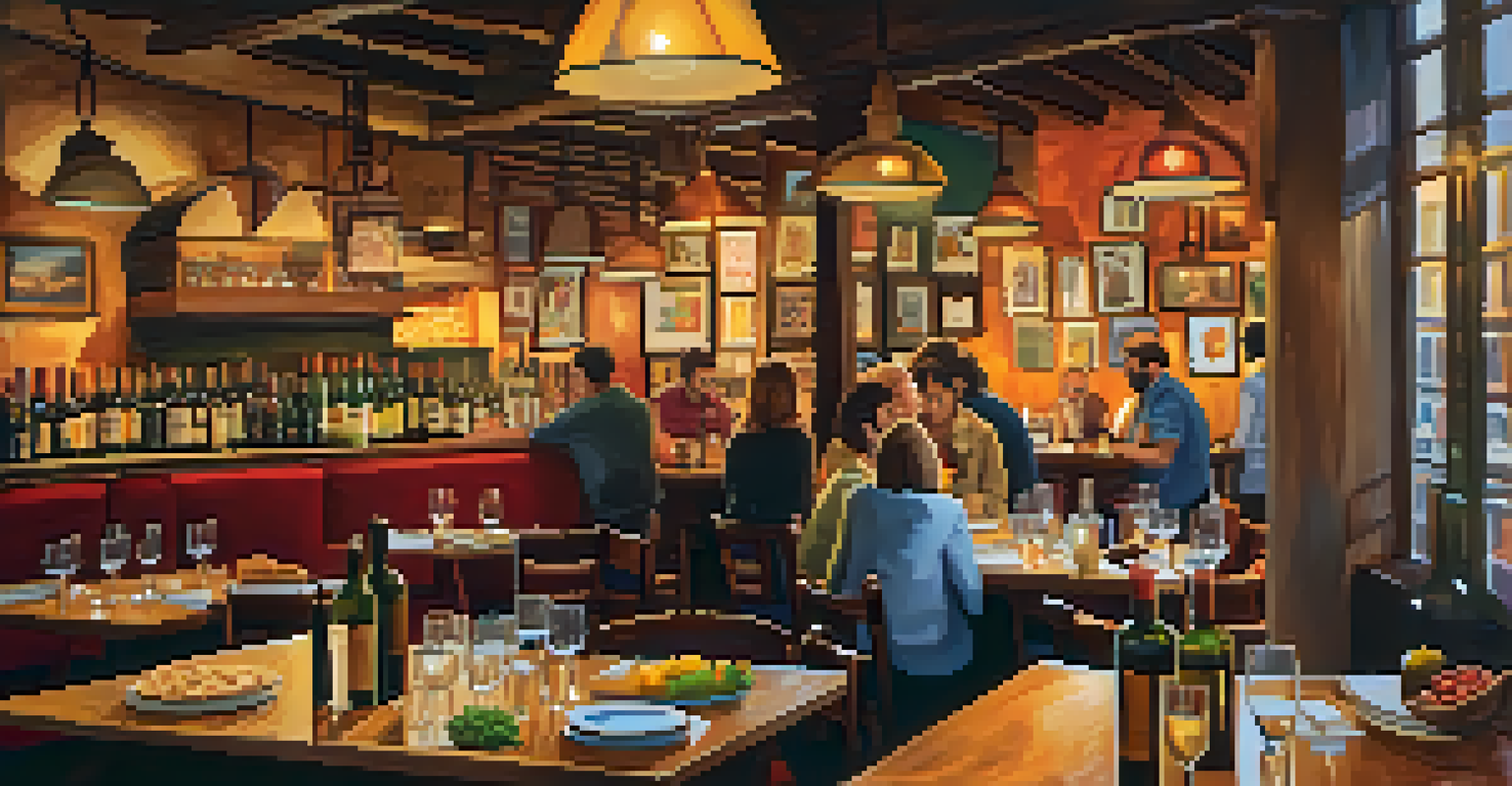 A tapas bar in Barcelona with colorful dishes and a warm, inviting atmosphere filled with people socializing.