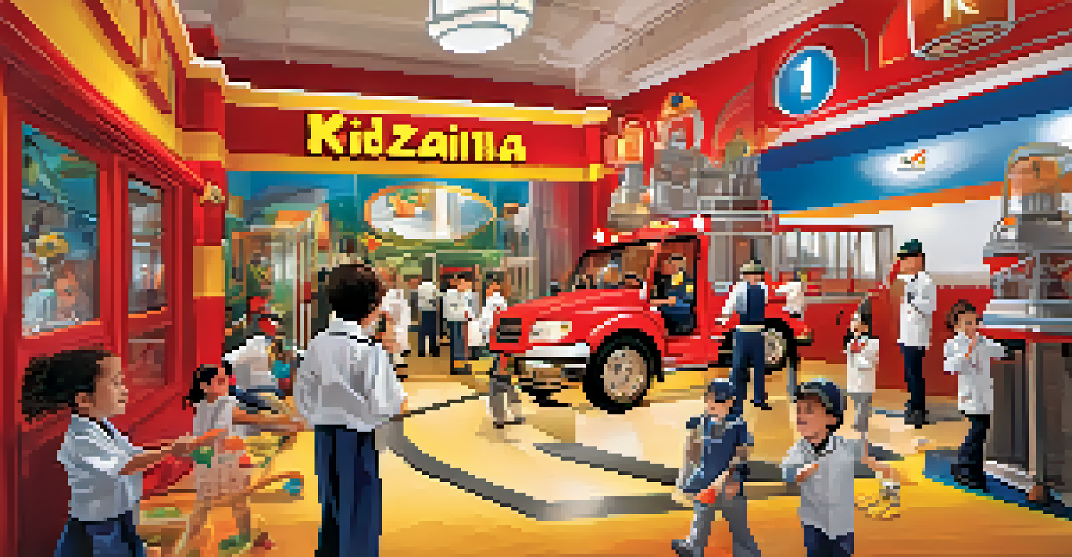 Children role-playing different professions in KidZania, with parents watching happily.