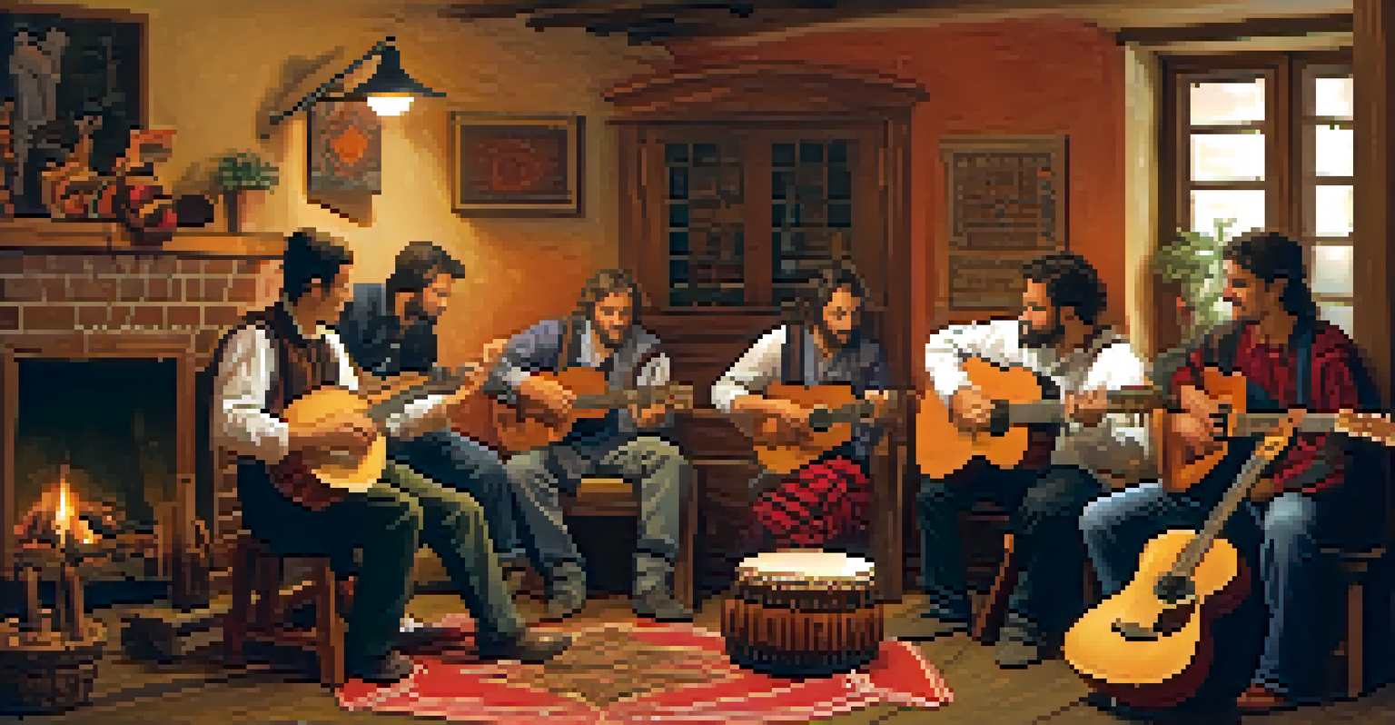 A cozy gathering of musicians playing traditional Basque music in a warm-lit home.