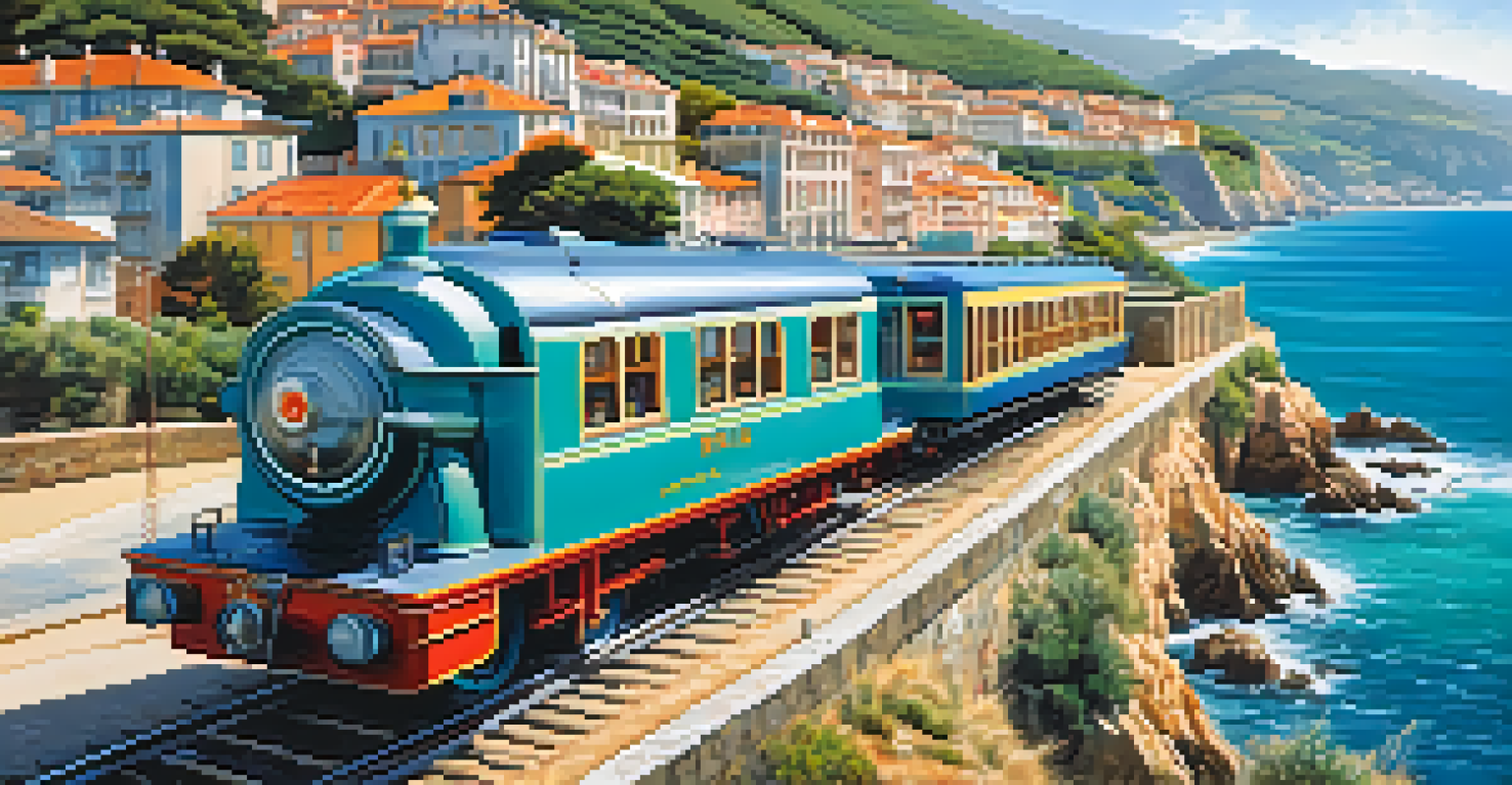 A vintage train rides along the beautiful coastline of northern Spain with views of the Mediterranean Sea and colorful seaside towns.