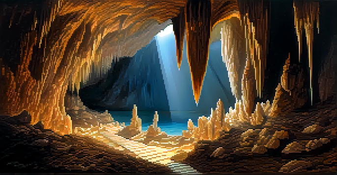 An interior view of Cueva de Nerja with stunning stalactites and illuminated pathways.