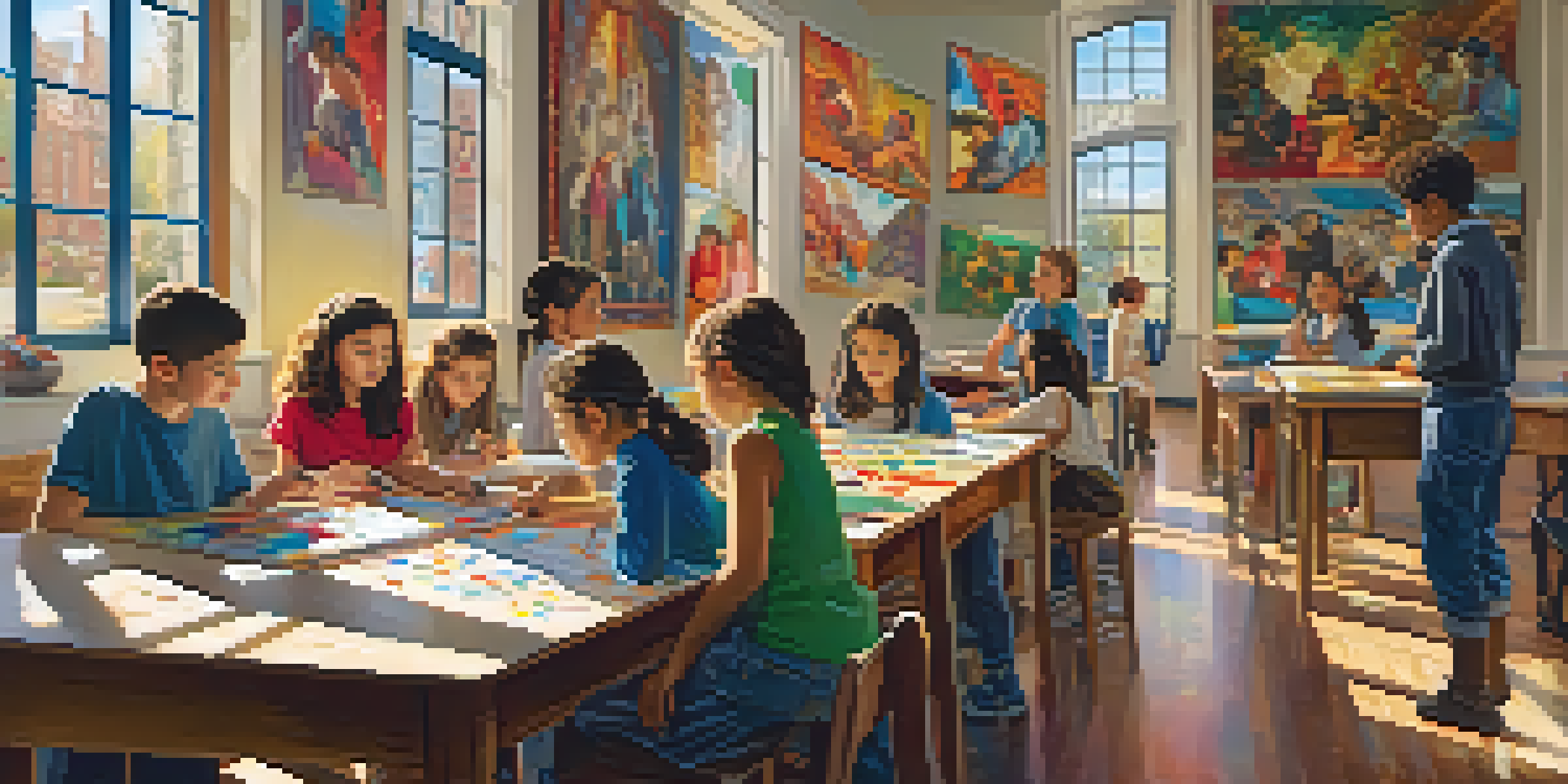 A diverse group of students in a classroom analyzing a large painting, surrounded by colorful reproductions of Spanish art on the walls.