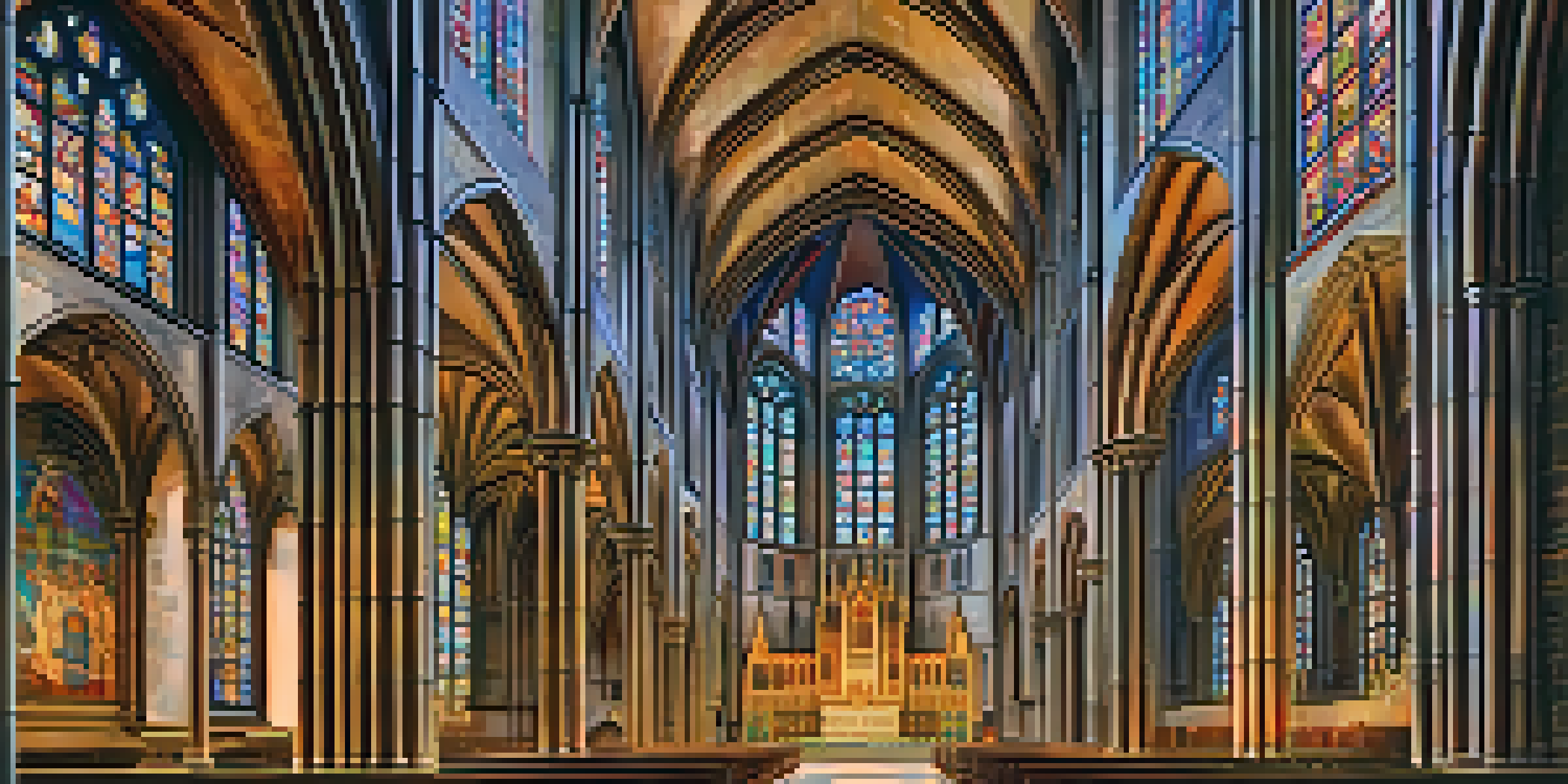 Interior view of the Cathedral of León with colorful stained-glass windows and intricate architectural details.