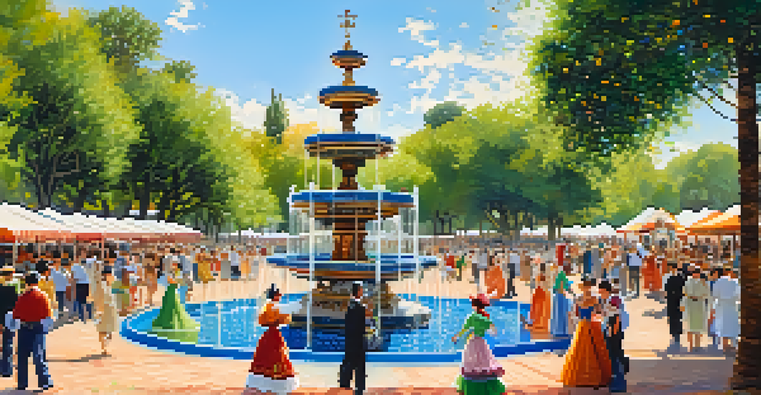 A festive atmosphere in Parque de María Luisa with locals in traditional attire celebrating during the Feria de Abril festival.