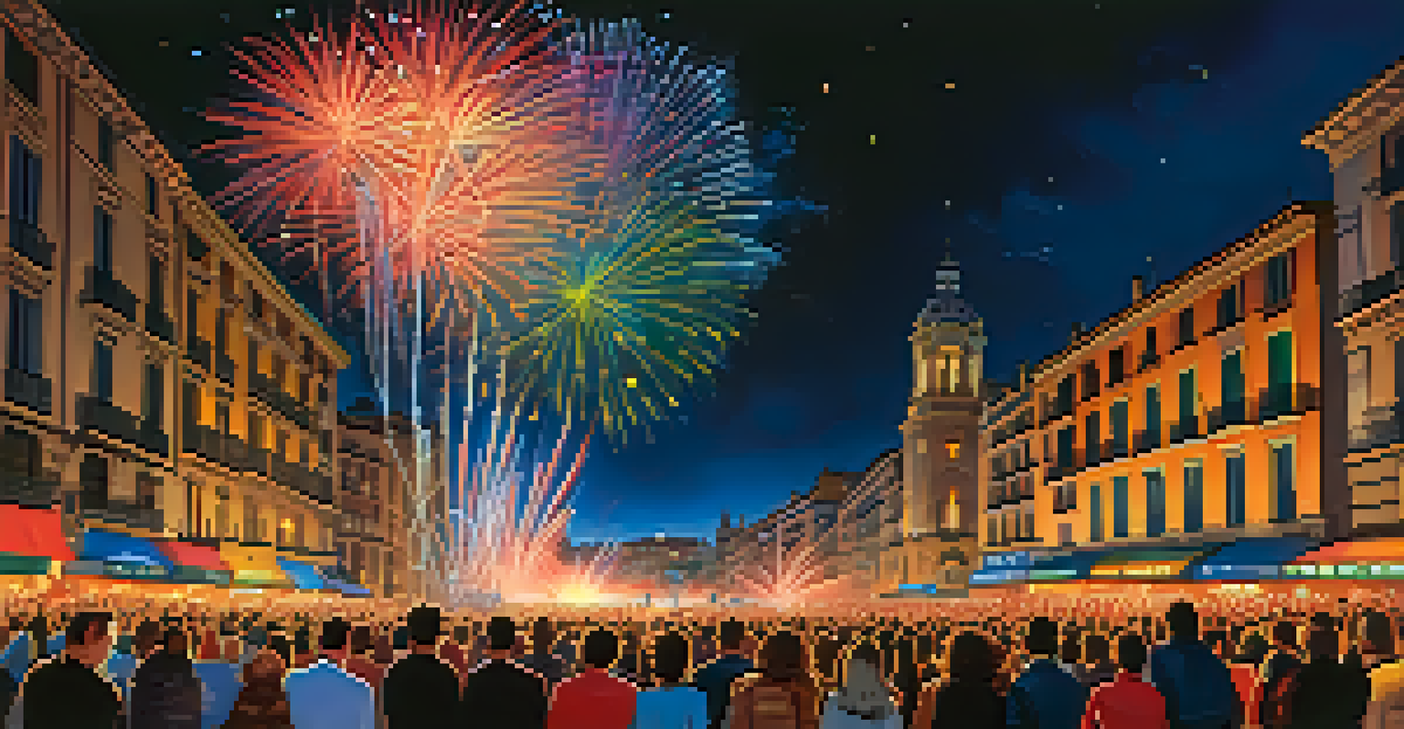 A stunning fireworks display over Barcelona during La Merce Festival, with a crowd watching in awe against the backdrop of historic buildings.