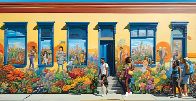 A colorful mural showing diverse individuals participating in community service with flowers and plants, under a bright blue sky.