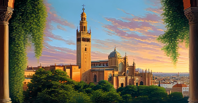 A sunset view of the Cathedral of Seville, highlighting its Gothic and Mudejar architecture with warm sky colors.
