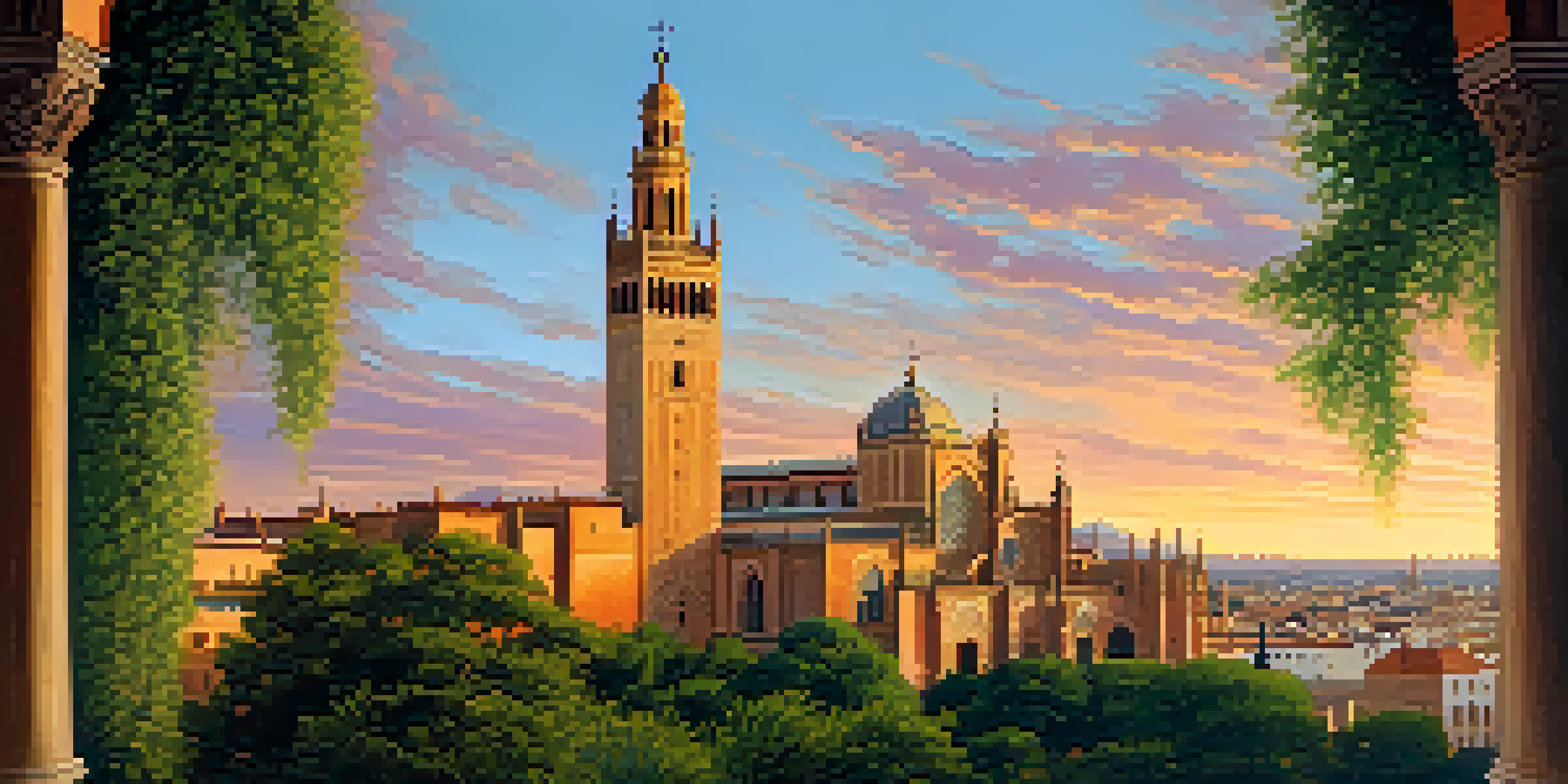A sunset view of the Cathedral of Seville, highlighting its Gothic and Mudejar architecture with warm sky colors.