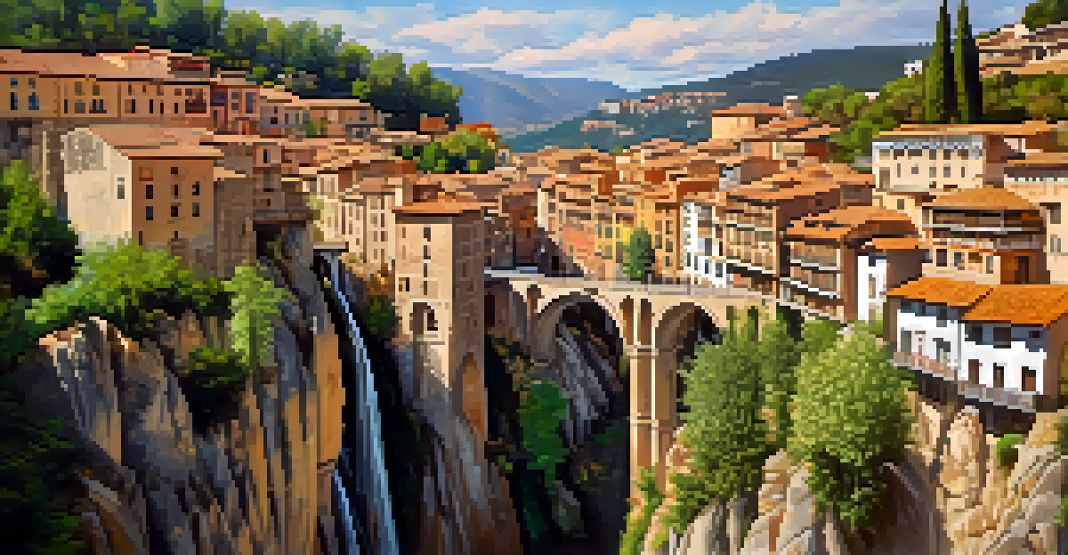 The striking hanging houses of Cuenca, showcasing medieval architecture on cliffs with a backdrop of the Huécar River.