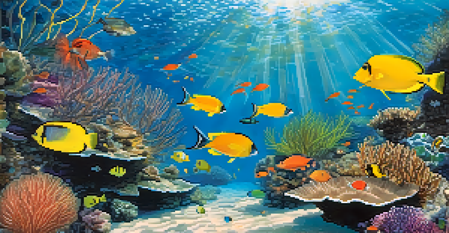 Underwater scene in the Balearic Islands with colorful coral reef, fish, and posidonia seagrass under sunlight.
