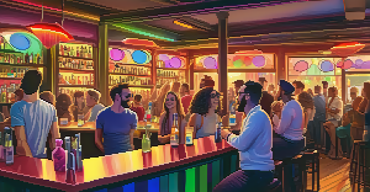 A lively LGBTQ+-friendly bar in Madrid decorated with rainbow lights during the Pride Festival, filled with happy people enjoying drinks and music.