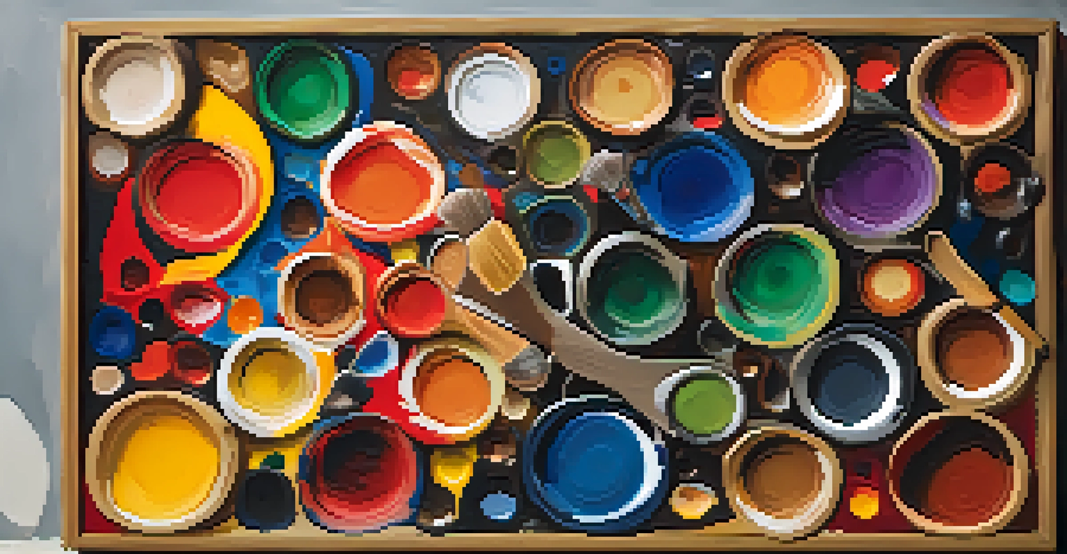 A close-up of a colorful painter's palette with brushes, canvas, and a bright studio.