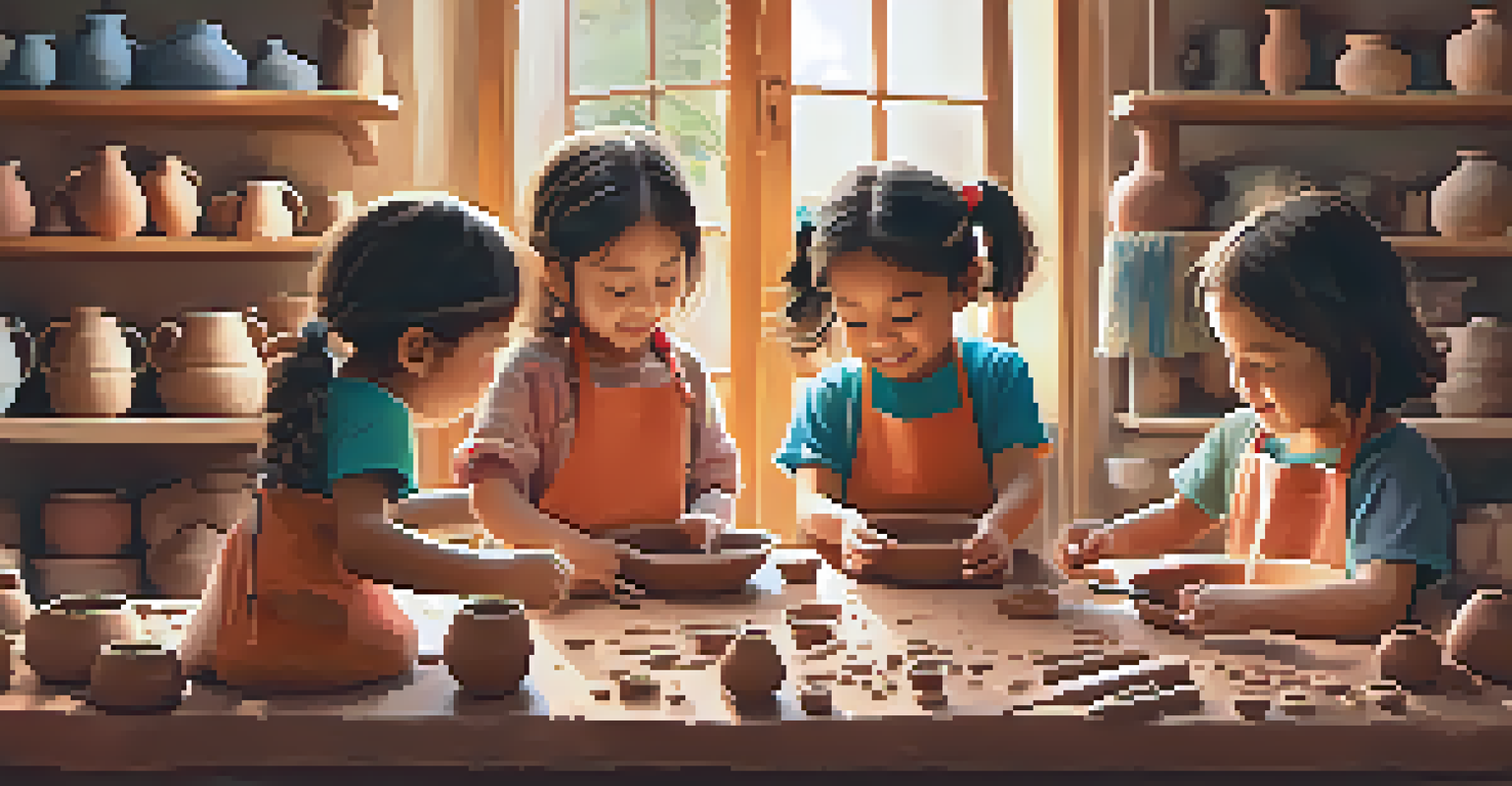 A family engaging in a pottery workshop, children and parents shaping clay together.