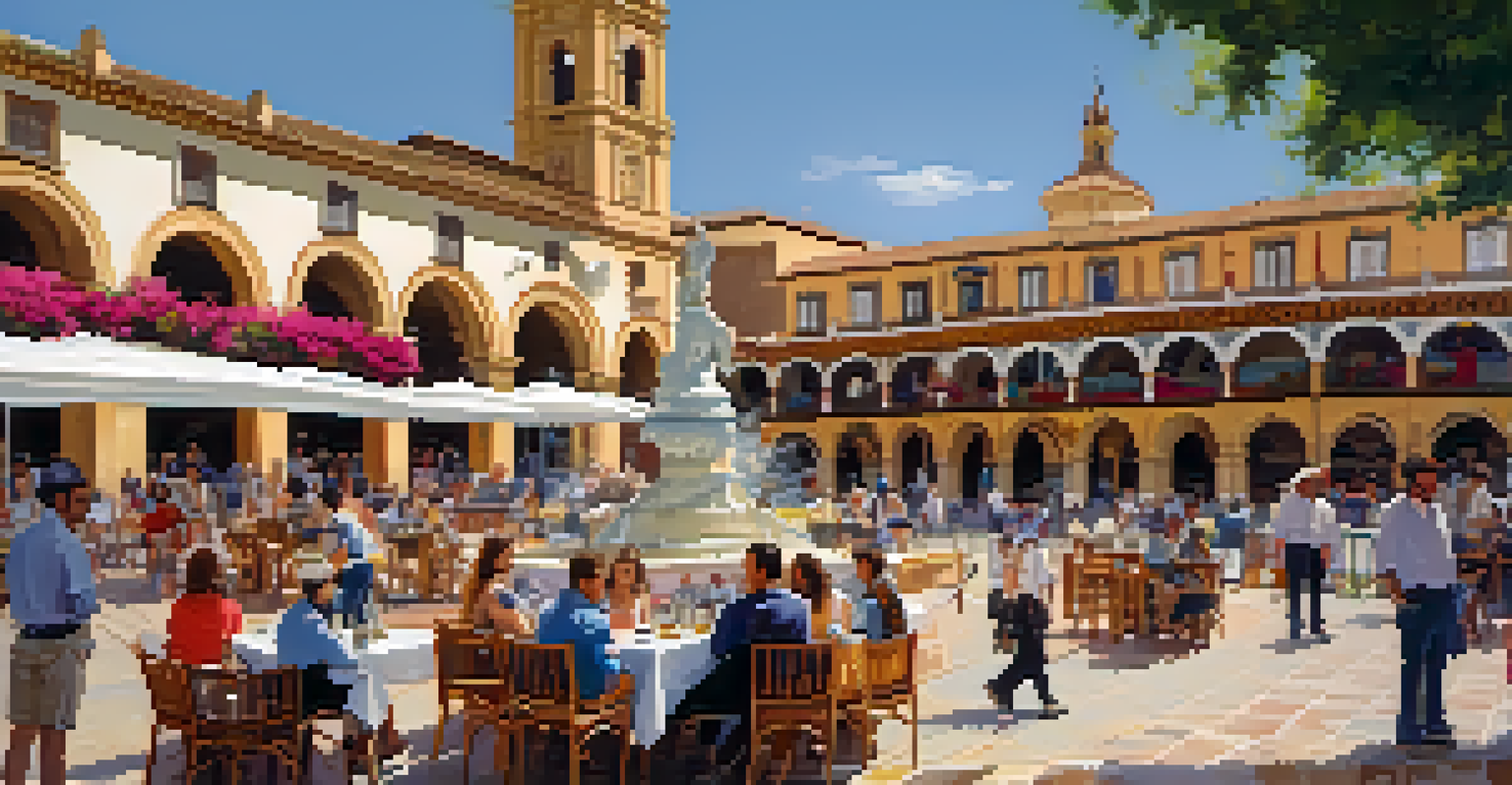 A lively Plaza de Espana in Ronda with people enjoying the sunny day, colorful buildings, and a statue of bullfighter Pedro Romero.