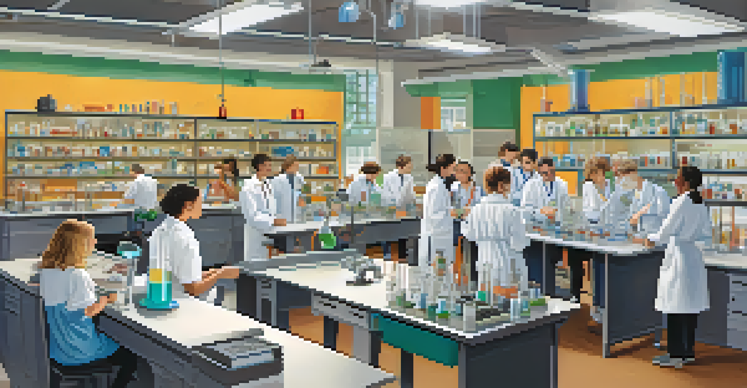 Students in lab coats conducting experiments in a bright laboratory setting.