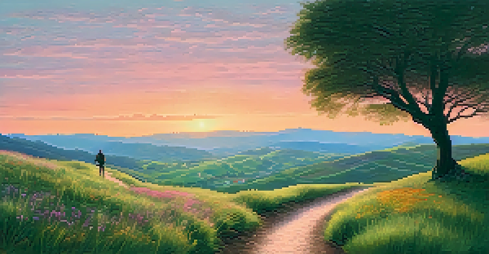 A solitary pilgrim walking along the Camino de Santiago at sunrise, surrounded by green fields and distant mountains.
