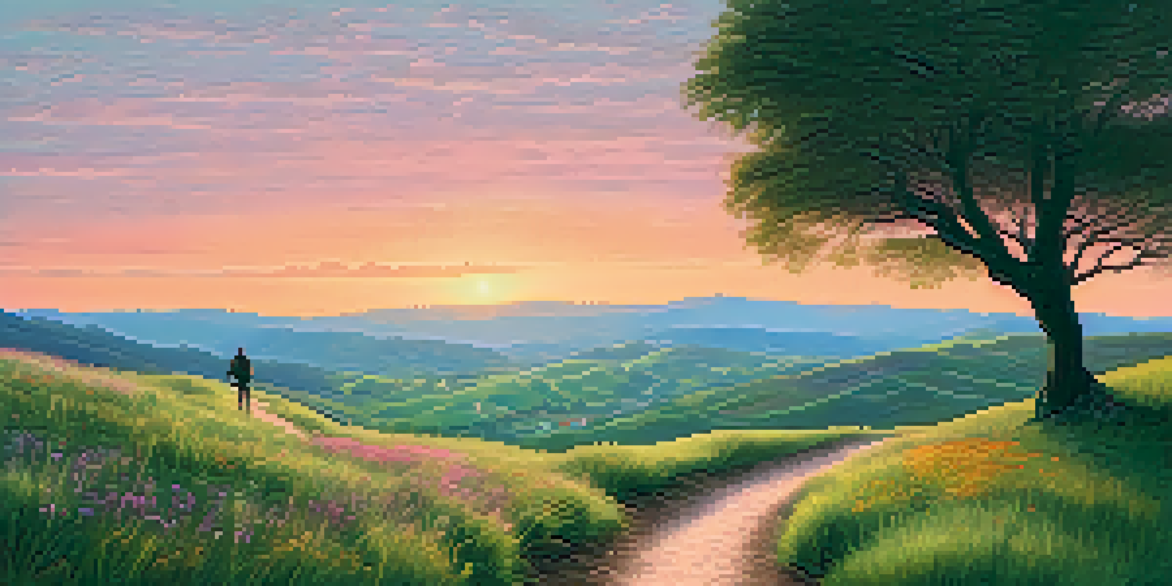 A solitary pilgrim walking along the Camino de Santiago at sunrise, surrounded by green fields and distant mountains.