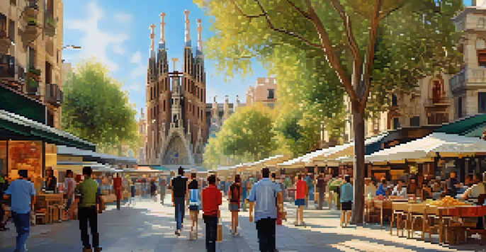 A busy street in Barcelona with the Sagrada Família in the background, showcasing people enjoying cafes and market stalls.