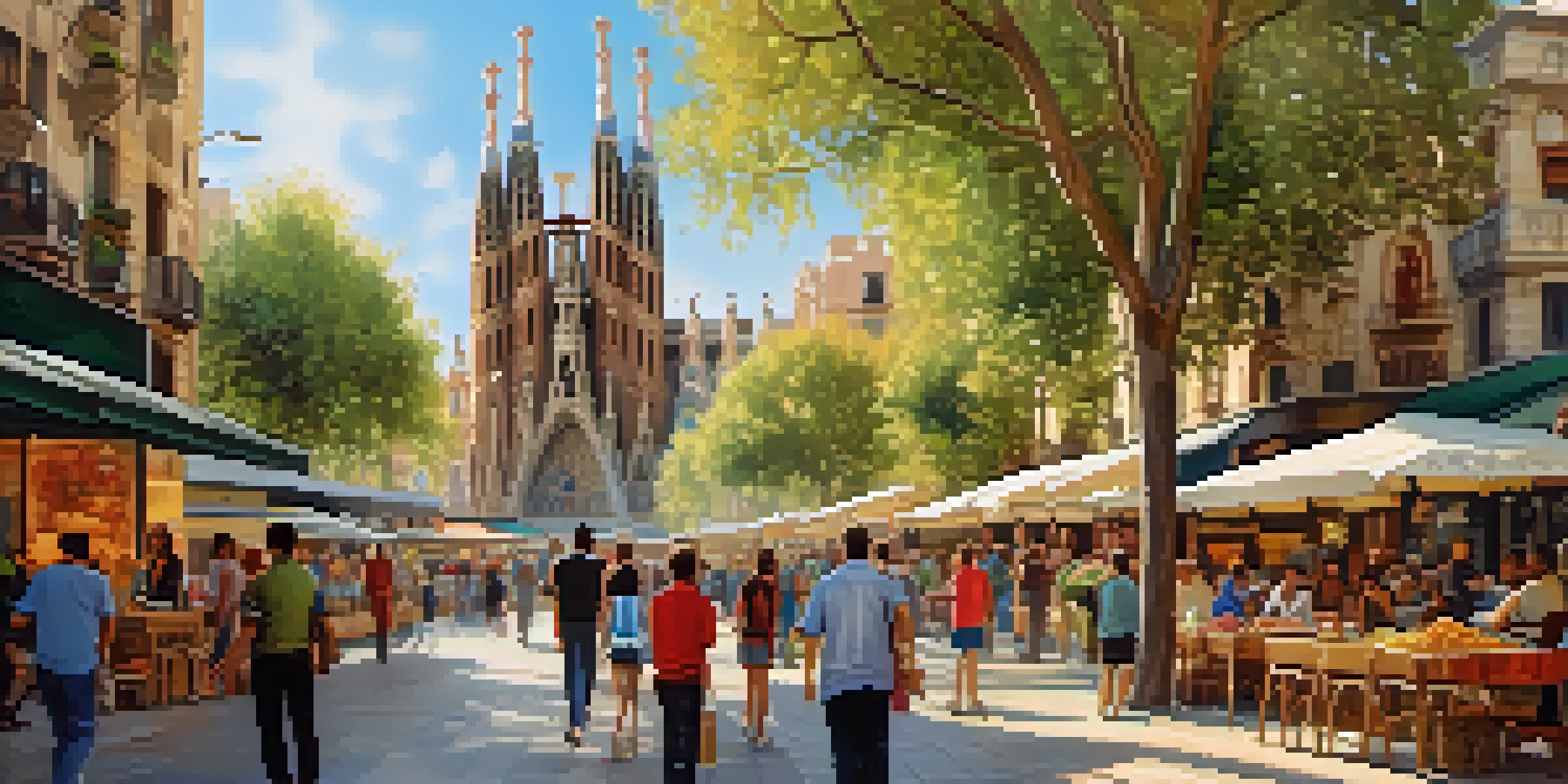 A busy street in Barcelona with the Sagrada Família in the background, showcasing people enjoying cafes and market stalls.
