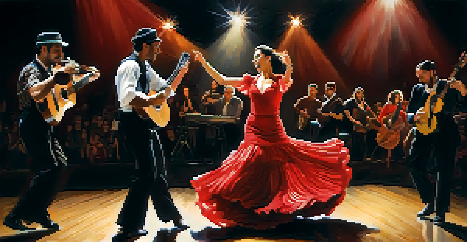A group of Flamenco performers on stage, showcasing singing, guitar playing, and dancing with dramatic lighting.