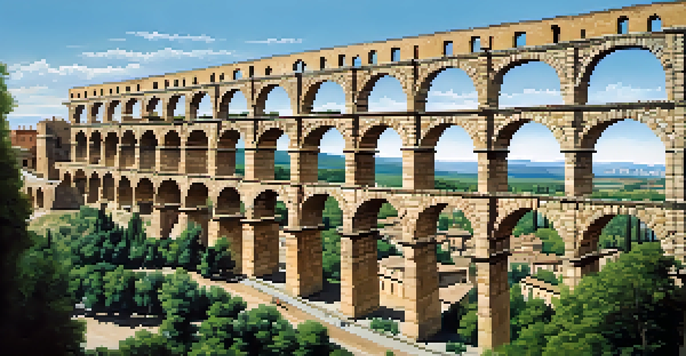 A view of the Roman aqueduct in Segovia with numerous arches against a blue sky.