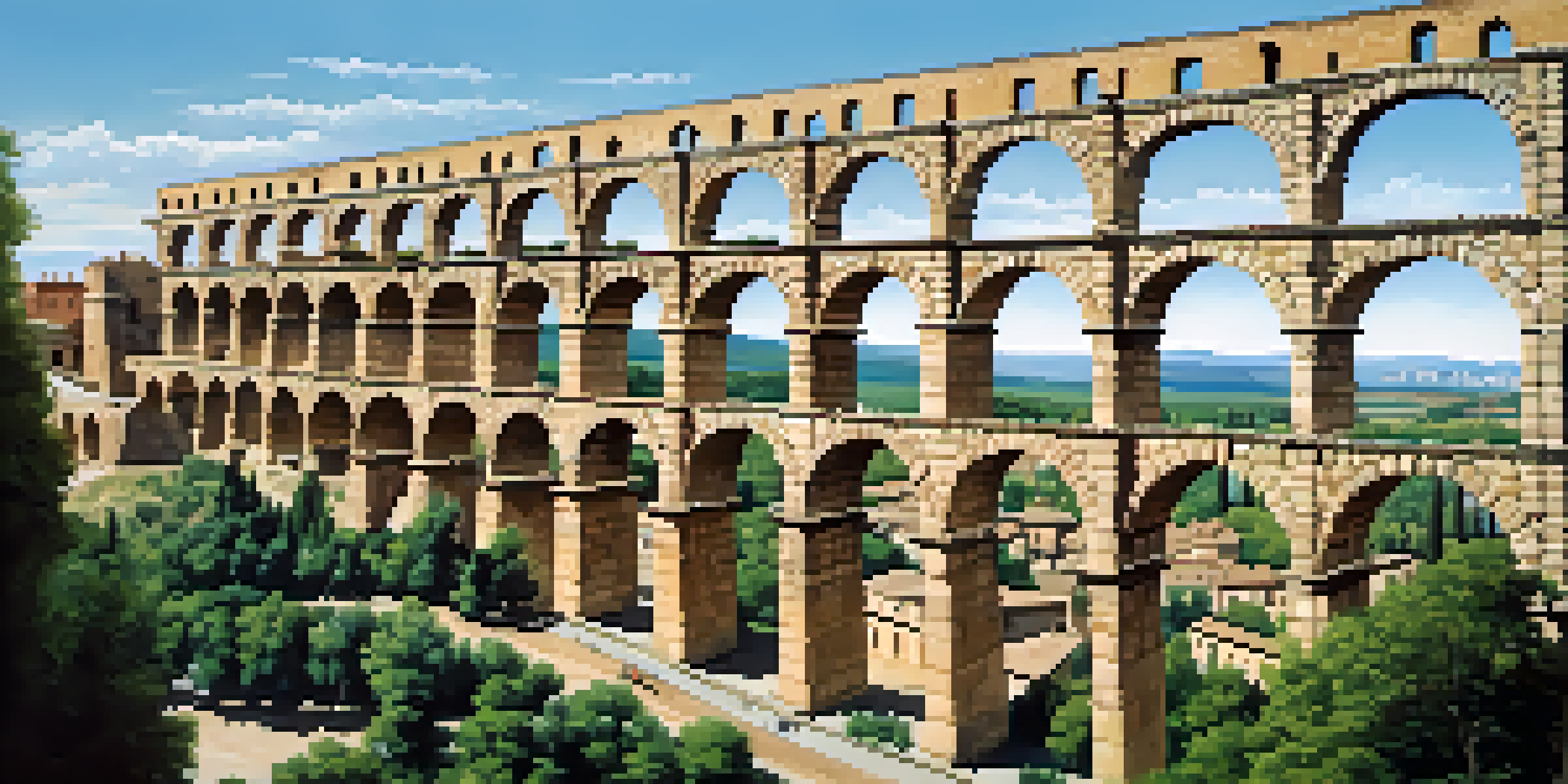 A view of the Roman aqueduct in Segovia with numerous arches against a blue sky.
