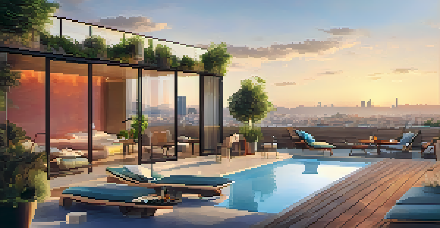 A contemporary eco-friendly hotel in Barcelona with a rooftop pool, stylish furniture, and lush plants, glowing in the warm light of sunset.