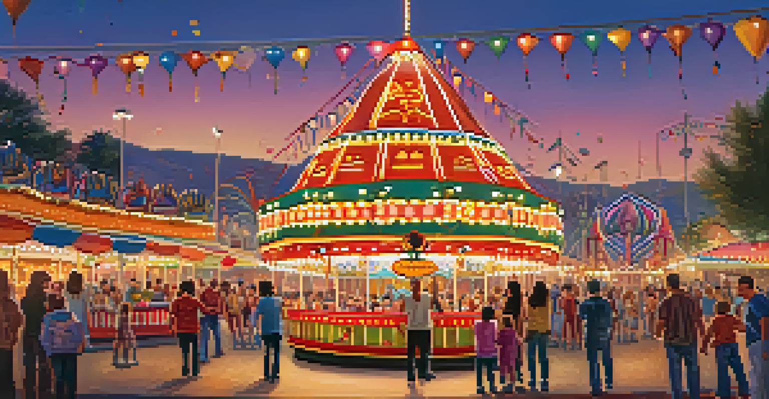 A family enjoying carnival rides at Feria de Abril, with children laughing and playing in a colorful fairground.